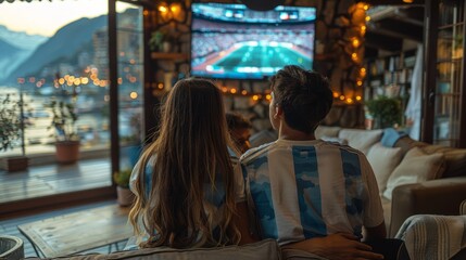 Obraz premium The Indian couple, wearing Argentina jerseys, sat on the couch, facing each other, sharing the Maggie Bowl and enjoying the Argentina game on television