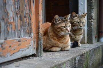 Two Curious Cats Peering Out from an Old Doorway