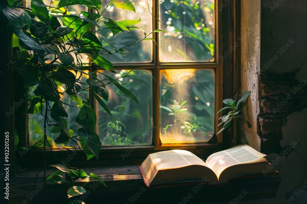Poster open window with sunlight and open book, indicating a serene study environment.