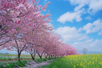 Pink Blossom Tree-lined Path in a Field of Yellow Flowers on a Sunny Day