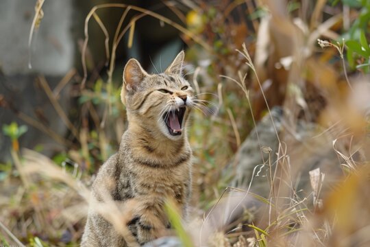 Striped Cat Yowling in Overgrown Field - Powered by Adobe