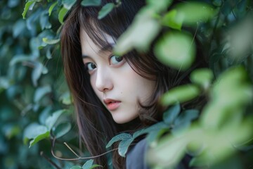 Young Asian Woman with Serene Expression, Hiding Behind Green Leaves