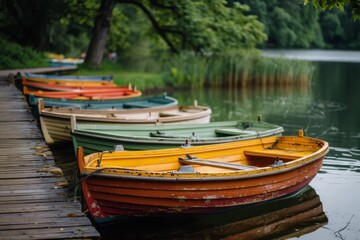 Obraz premium Row of colorful boats lined up at a dock