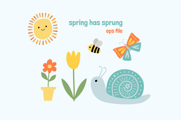 Cute Children Spring Illustration Set of Sun, Flower, Plant, Bee, Butterfly and Snail