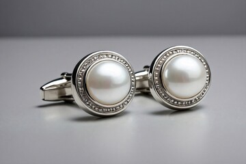 Pearl Cufflinks on Light Gray Background: A pair of pearl cufflinks positioned on a smooth, light gray background.