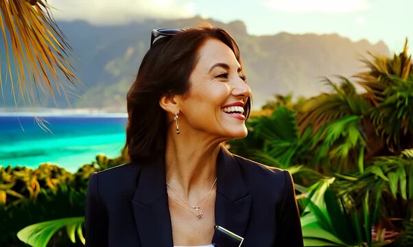 Medium shot portrait video of a grinning woman in her 40s wearing a sleek suit against a hawaiian or polynesian background