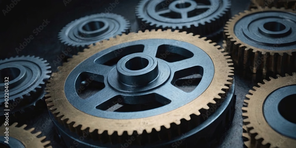 Poster a close up of a group of gears with one of them being gold