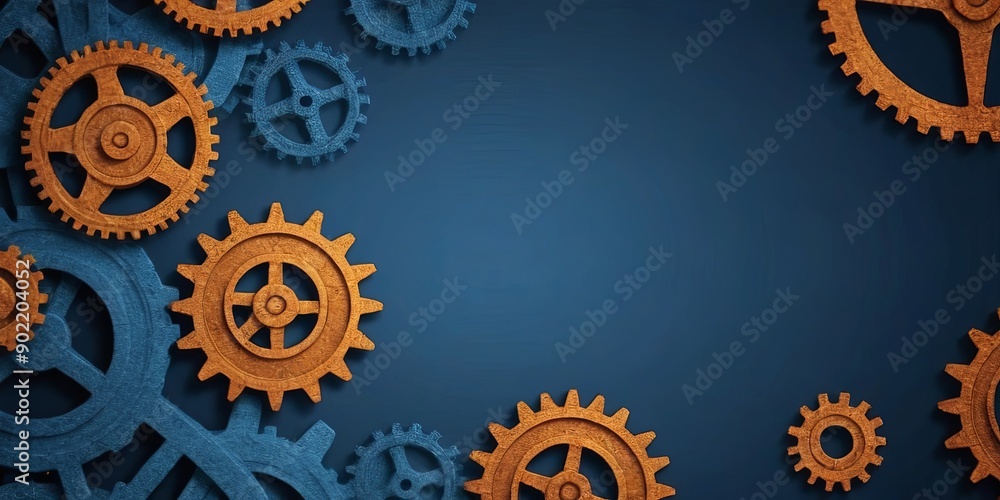 Poster A blue background with a row of gears on it