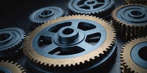 A close up of a group of gears with one of them being gold