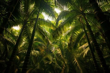 Fototapeta premium Lush Tropical Jungle: Exotic Palm Trees and Sunlight Filtering Through