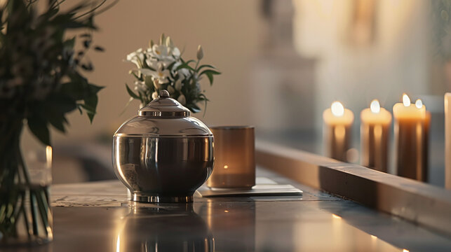  the cremation process, showing the preparation of an urn and a memorial setup