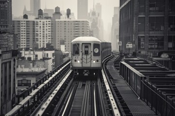 Naklejka premium Urban Train on Elevated Track, City Skyline in Background