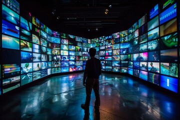 Person in Futuristic Surround Screen Display