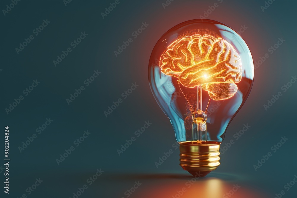 Poster light bulb with brain inside representing the fusion of ideas and technology in modern innovation