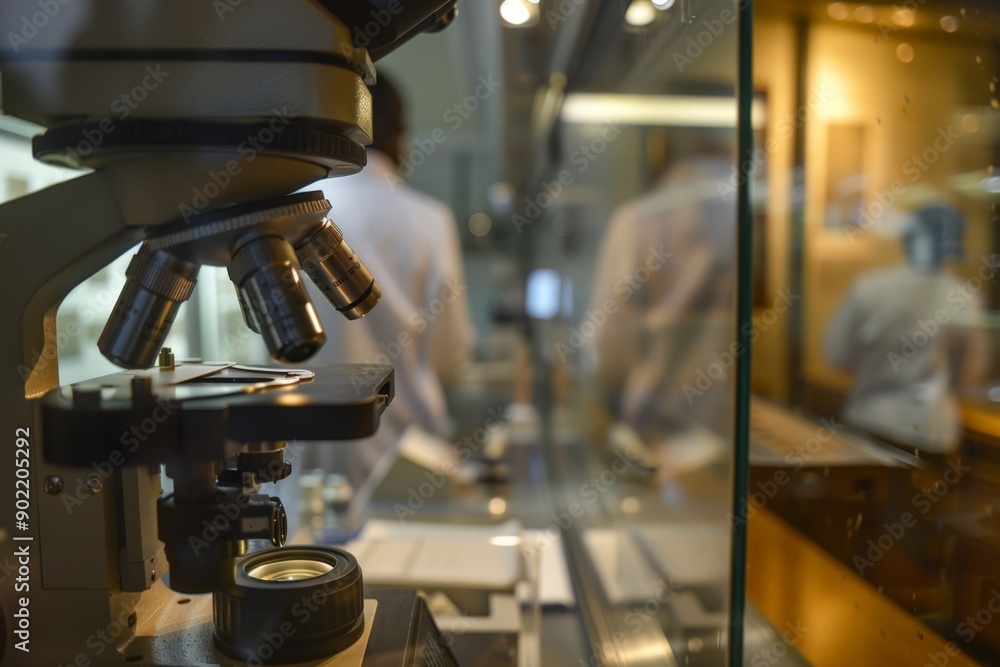 Poster scientists in a lab with microscope