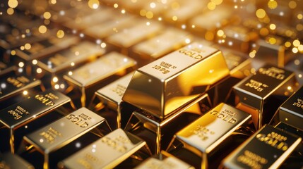 Glittering gold bars stacked together, symbolizing wealth, investment, and financial stability with a luxurious and prosperous glow.