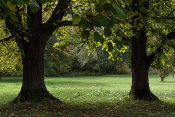 Nature Park with Sunlit Trees and Grassy Field