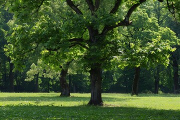 Obraz premium Sunlit Green Park with Tree and Grass