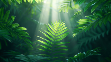 Fototapeta premium A serene forest scene showcasing vibrant green leaves illuminated by soft sunlight, creating a tranquil and refreshing atmosphere.