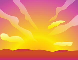 Fototapeta premium Illustration of a yellow and purple sunset with clouds over rolling hills
