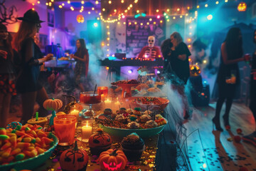 Halloween Party with Festive Decorations and Costumed Guests