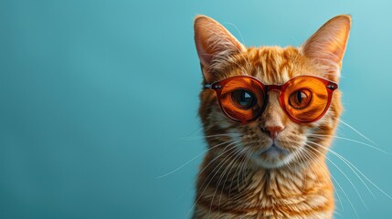 Portrait of Ginger Cat in Sunglasses – Isolated on Pastel Blue Background with Copy Space, Summer Pet Fashion Concept