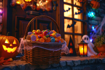 Basket of Halloween Candy on Decorated Doorstep