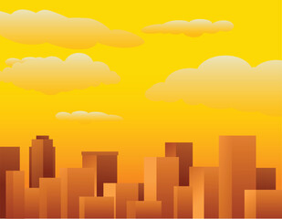 City skyline with skyscrapers at sunset, with a bright yellow sky and stylized clouds