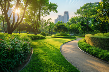 Fototapeta premium A beautifully landscaped urban park with a winding pathway, lush greenery, and skyscrapers in the backdrop during sunrise