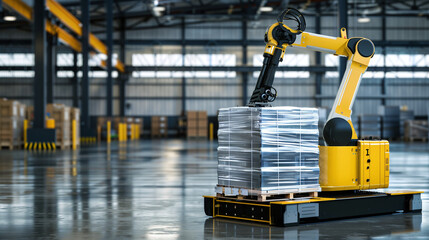 a palletizing robot's arm carefully lowering a secured pallet wrapped in plastic film
