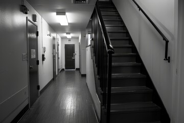 Empty Office Hallway with Staircase and Lighting