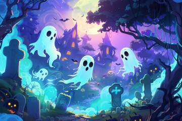 Spooky Cartoon Ghosts in Haunted Graveyard at Night