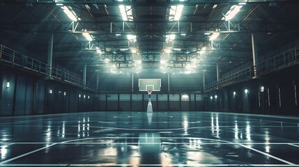 A basketball court with a basketball hoop in the center. The court is empty and the lights are on
