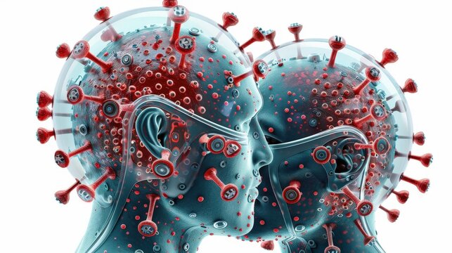 A conceptual representation of virus particles, showcasing their impact on human heads in a surreal and striking visual.