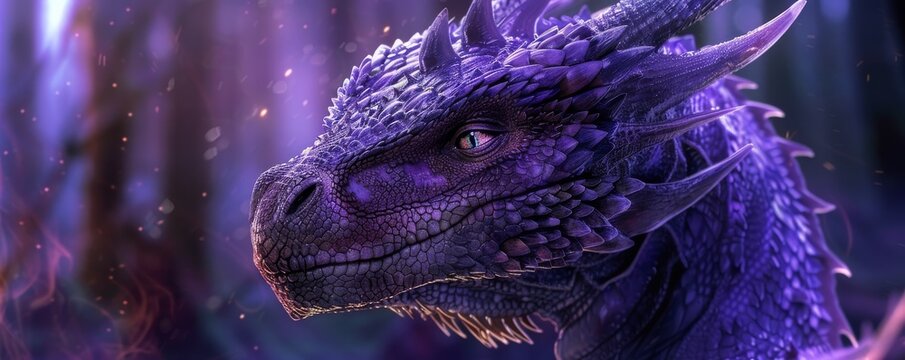 Close-up of a mystical purple dragon in an enchanted forest, fantasy art
