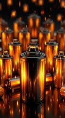 Close-up of glowing batteries in a dark environment, showcasing their metallic surface and bright highlights for industrial use.