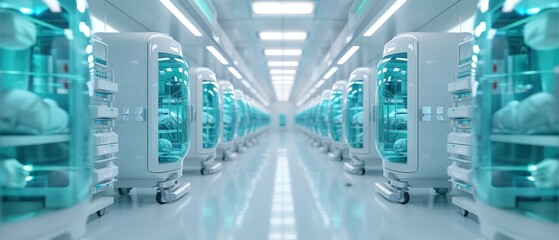Obraz premium Futuristic medical facility featuring advanced storage units for cryopreservation, emphasizing technology and innovation.