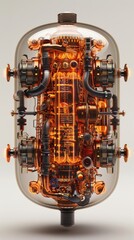 Futuristic technology showcased in an intricate, illuminated gadget with glowing parts and industrial design elements.