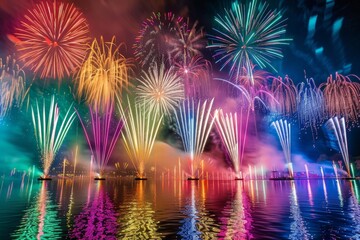 Vibrant Night Sky with Multicolored Fireworks Over a Lake