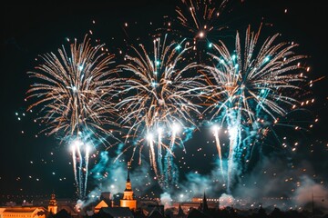 Nighttime Fireworks Display Over City Skyline