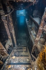 Abandoned Ship's Dilapidated Staircase with Rust and Dirt