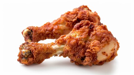 Close-up of two crispy, golden brown fried chicken drumsticks on a plain white background. They look delicious and ready to eat.