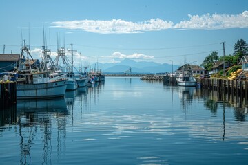 Fishing Boats Docked at Harbor, Clear Blue Sky