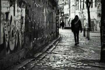 Lone Figure Walks Through Graffiti-Alley, Urban Environment