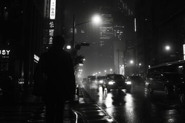 Nighttime Cityscape with Rain, People, Cars, and Neon Lights