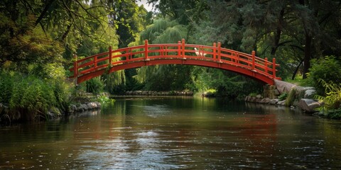 Red Bridge over Calm River in Lush Forest