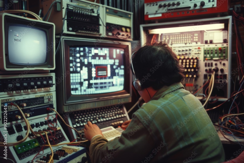 Poster technician operating control room console with monitor
