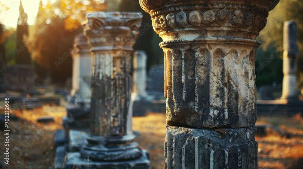 Poster ancient column ruins with blurred background and space for text
