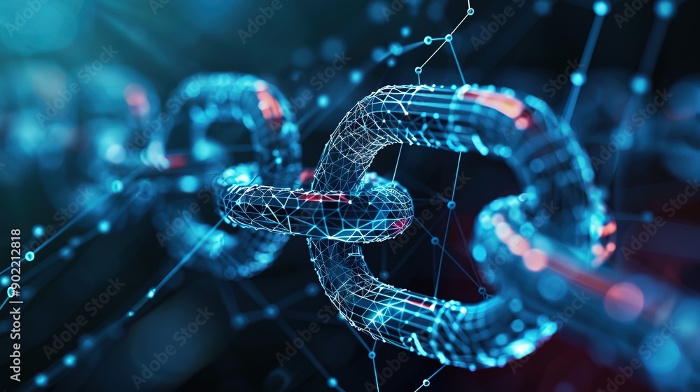 Leinwandbilder magnificent blockchain technology concept with a chain of encrypted blocks and person in background