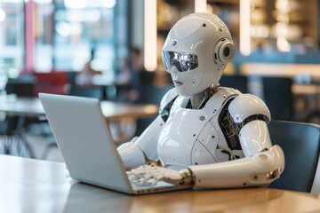 Fototapeta premium Robot Working on Laptop in Modern Office